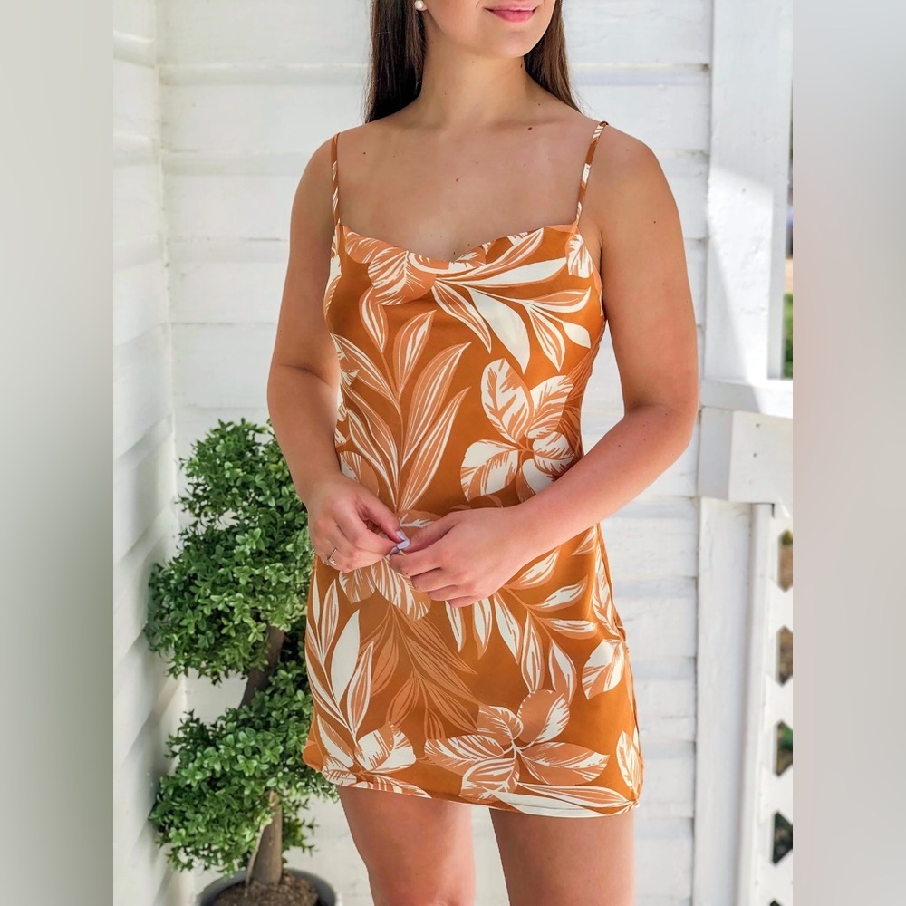 Orange and White Floral Silk Mini/Short Dress for Summer with Adjustable Straps